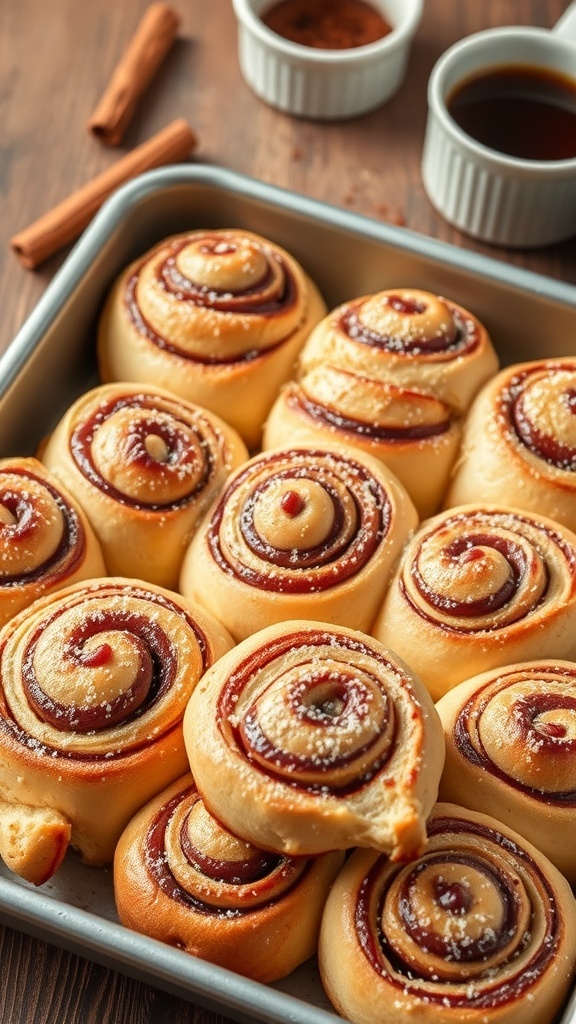 Vegan Cinnamon Rolls Recipe for Bread Machine A tray of vegan cinnamon rolls topped with icing, showcasing their fluffy texture, on a rustic wooden table.